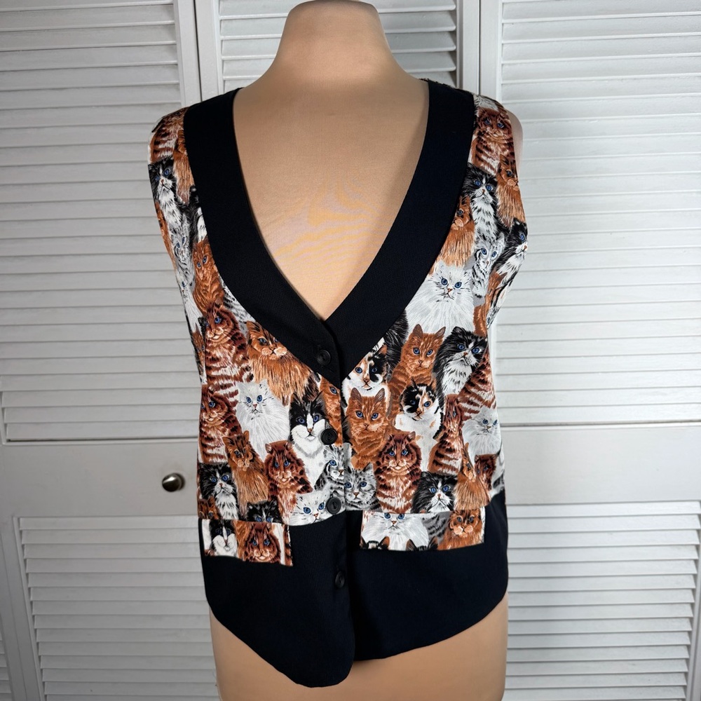 Vintage 90s Cat Print Vest Novelty Button Front Adjustable‎ Back